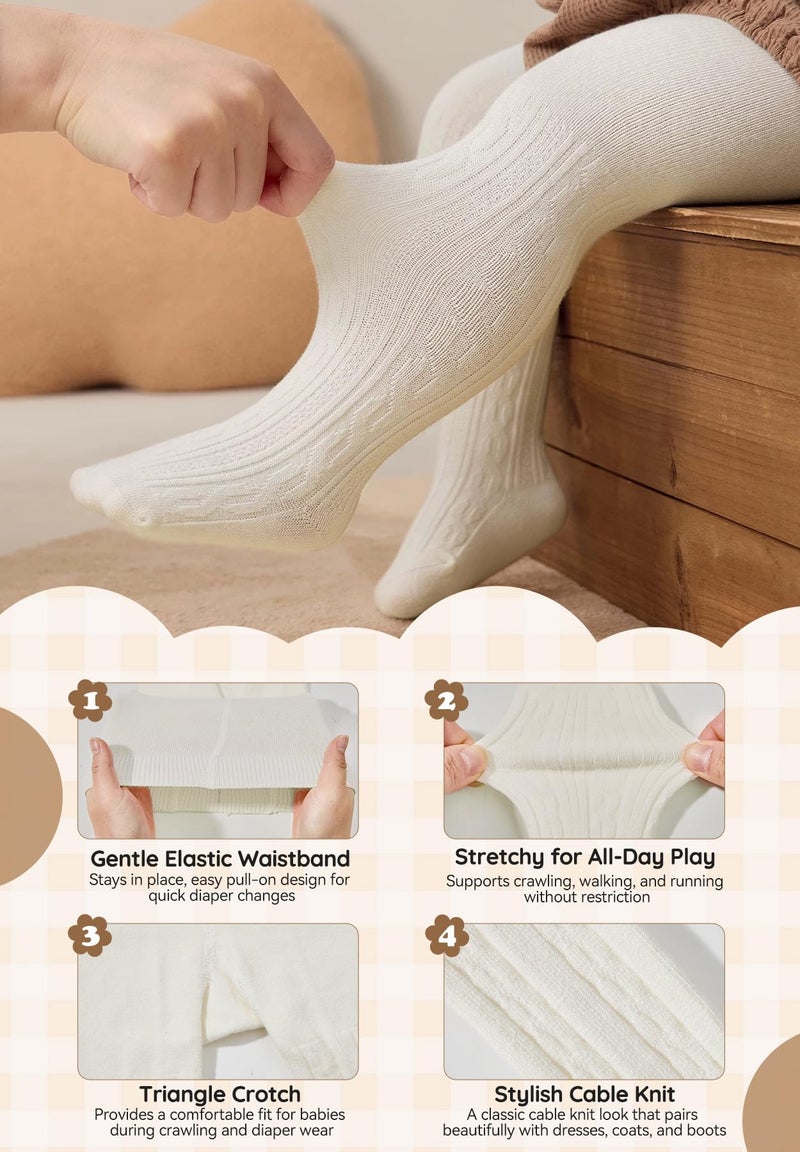 Zando Soft Infant Tights Seamless Cable Knit Baby Tights For Baby Girls Leggings Stockings Newborn Pantyhose Winter Clothes Toddler Warm Socks 1 Pack Ivory White 6-12 Month Prime - Image 5